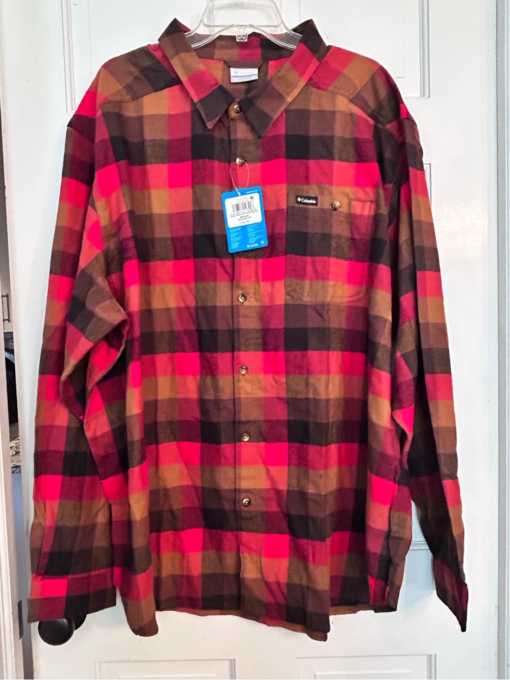 Columbia Men's Red and Brown Plaid Button-Down Shirt 4x
